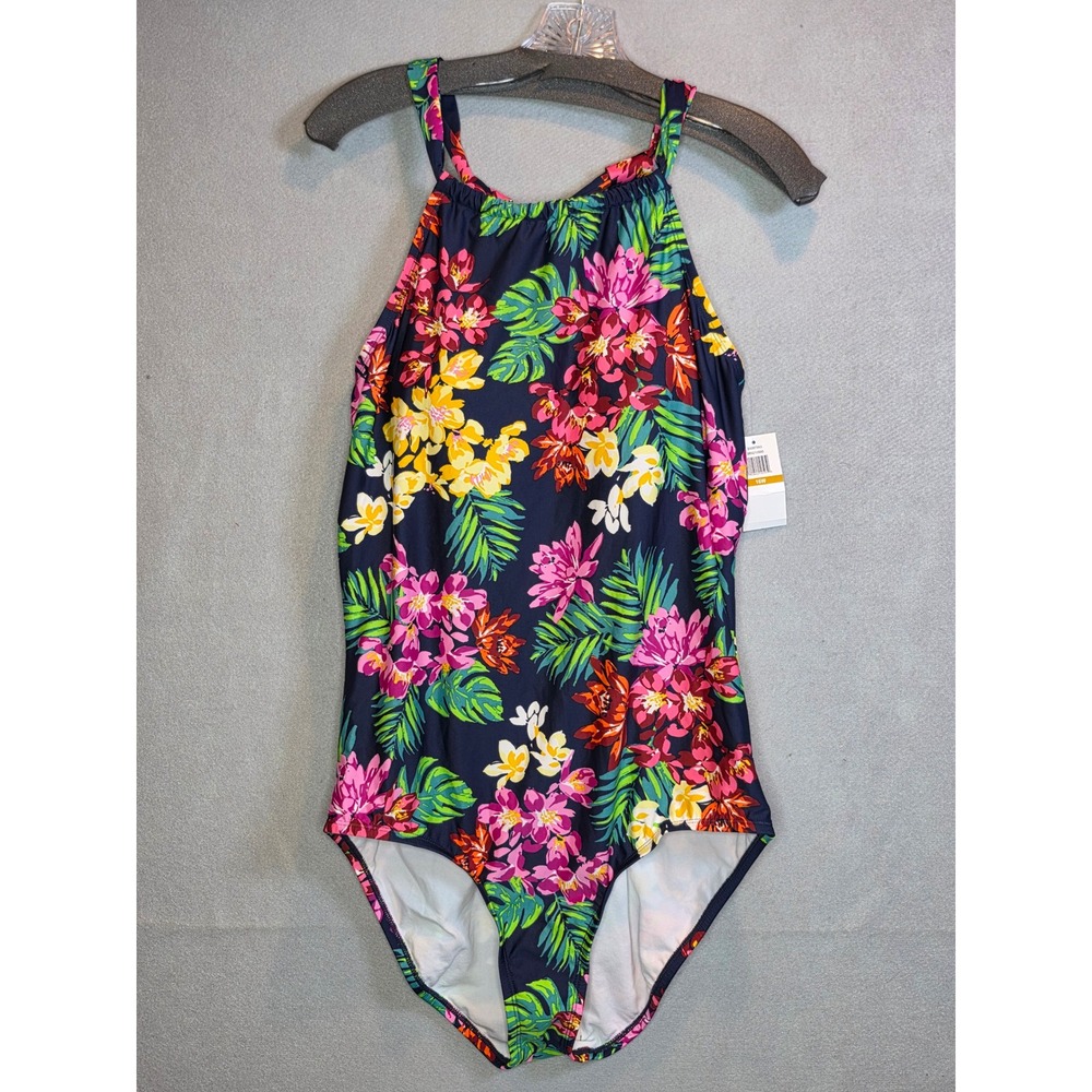 Cleanwater Plus Womens 16W One Piece Swimsuit Floral High Neck Navy CWSS8460 NWT